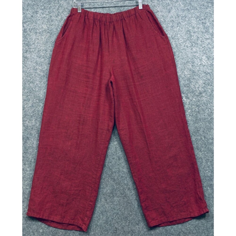 Flax Linen Pants Womens M Red Wide Leg Relaxed Pull On Elastic Lagenlook